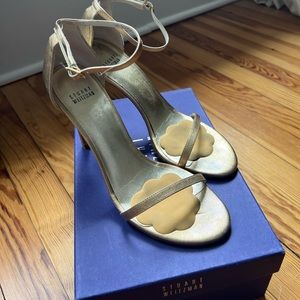 Stuart Weitzman Gold Leather Ankle Strap Heels with Tan Flower Accent